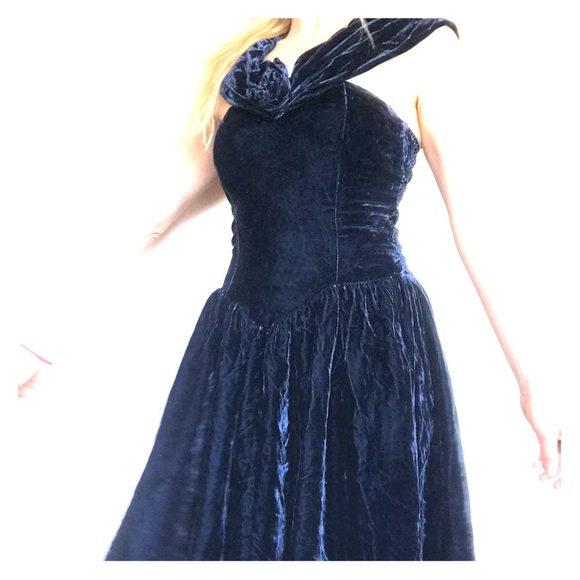 Vintage Crushed Blue Velvet Maxi Dress Gown XS - Picture 4 of 12